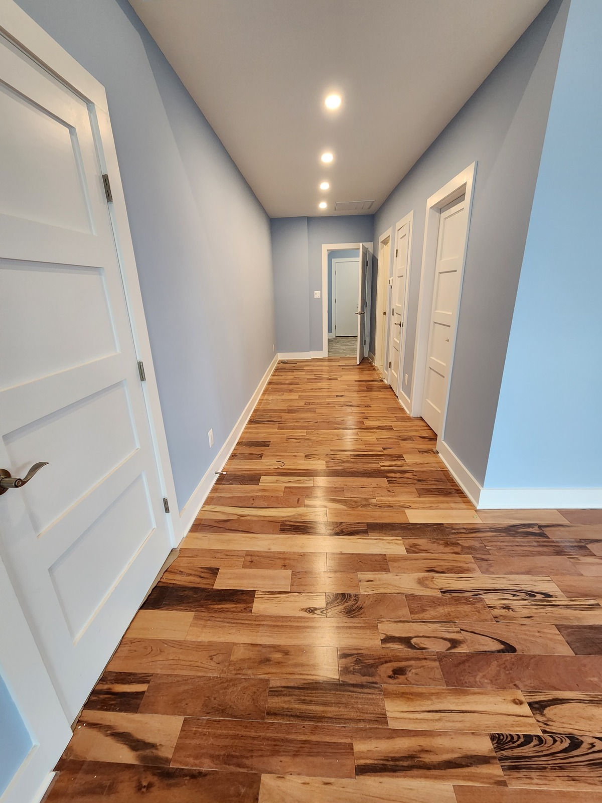 Blue-gray hallway with white doors and trim